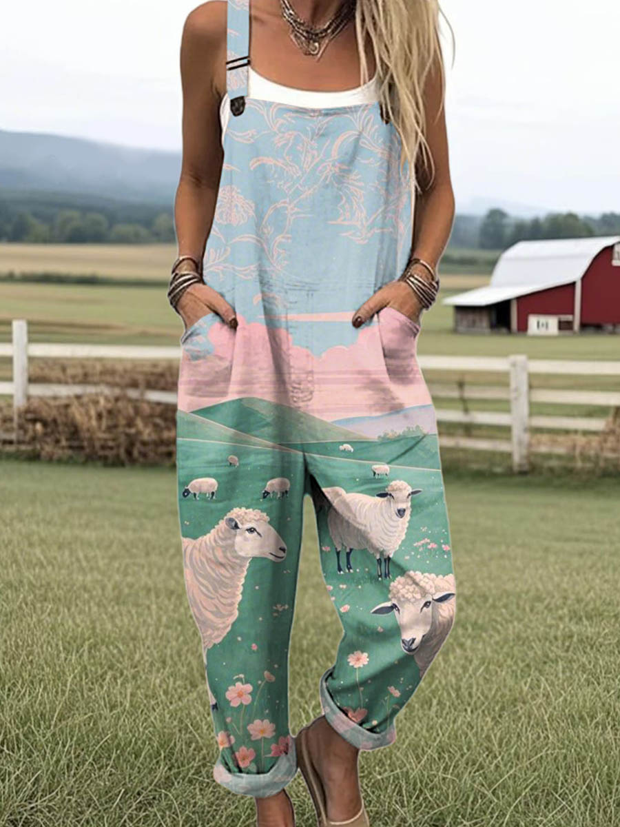 Women's Lovely Sheep Pattern Art Print Casual 100% Cotton Wide Leg Jumpsuit