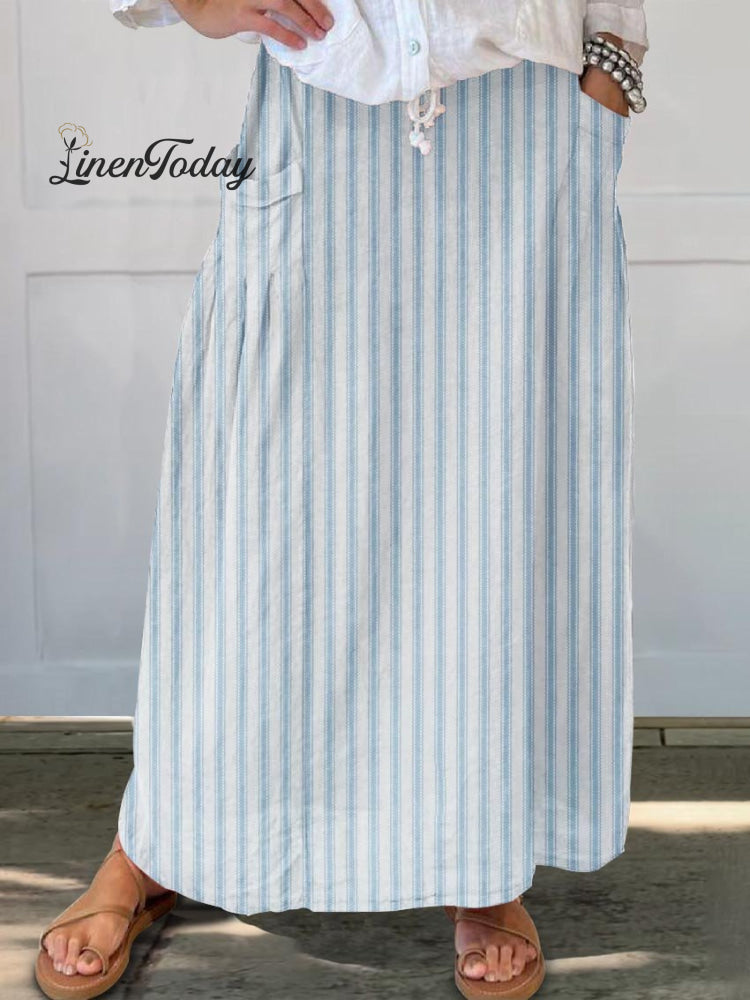 Women's Striped Abstract Geometry Art Pattern Print Linen Pocket Skirt