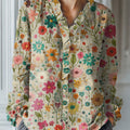 Women's Vintage Flower Art Print Casual Cotton And Linen Ruffle Shirt