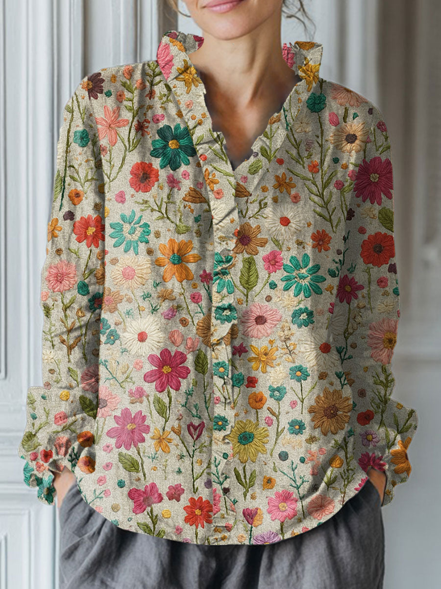 Women's Vintage Flower Art Print Casual Cotton And Linen Ruffle Shirt