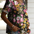 Women's Vintage Floral Pattern Casual Art Print Round Neck Cotton Linen Loose Short-sleeved Shirt