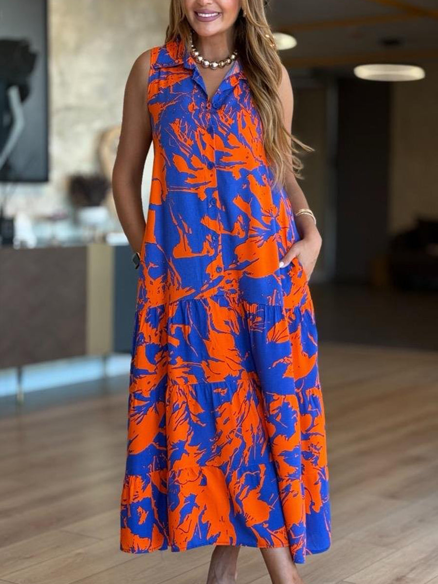 Shirt Collar Button Front Sleeveless Saxophone Dress