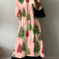 Women's Vintage Christmas Tree Print Pocket V-neck Cotton Dress