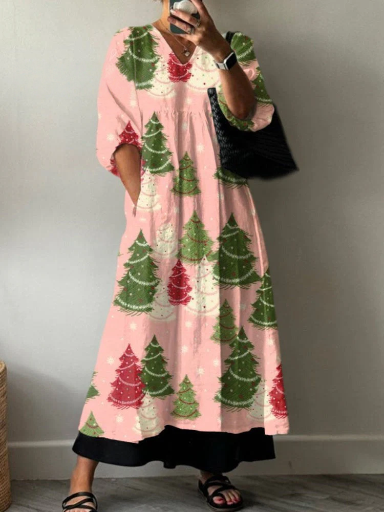 Women's Vintage Christmas Tree Print Pocket V-neck Cotton Dress