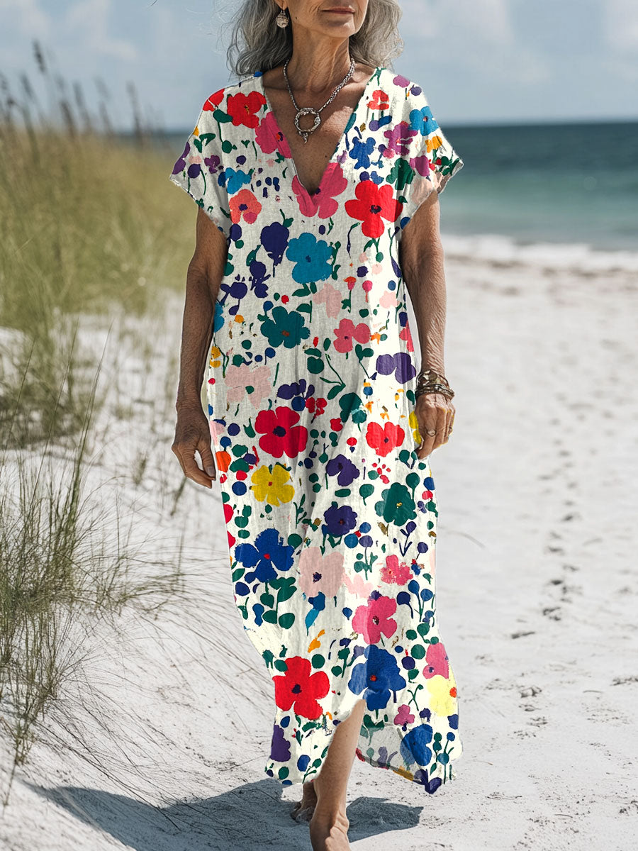 Women's Flowers Art Print Pocket Cotton Dress