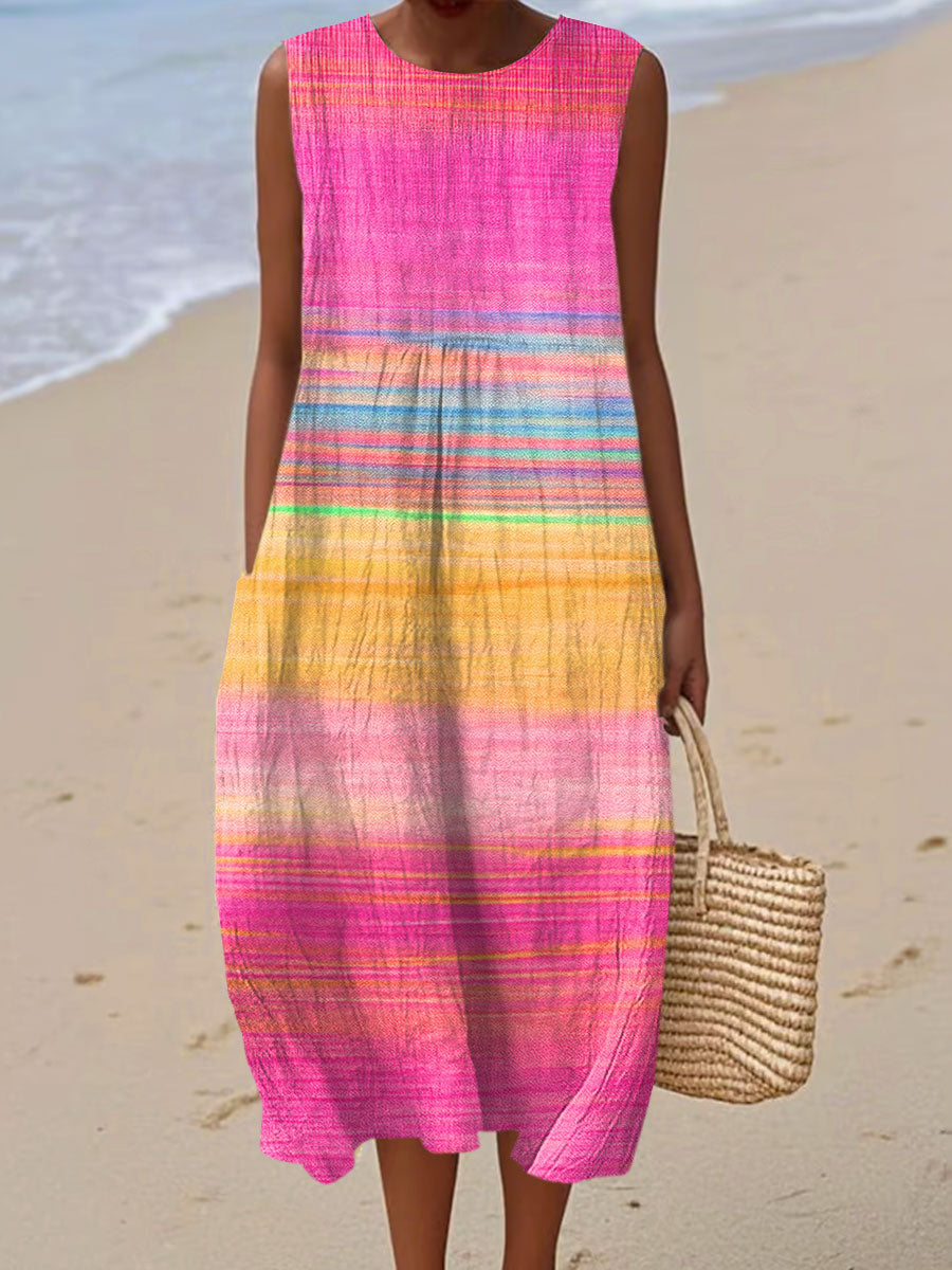 Women's Vintage Gradient Art Print Sleeveless Cotton Pocket Wrap Dress