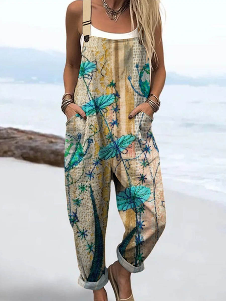 Women's Vintage Floral Pattern Art Print Casual 100% Cotton Wide Leg Jumpsuit