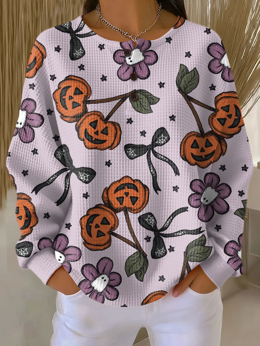 Women's Halloween Pumpkin Bow Ghost Flower Pattern Art Print Casual Cotton Sweatshirt
