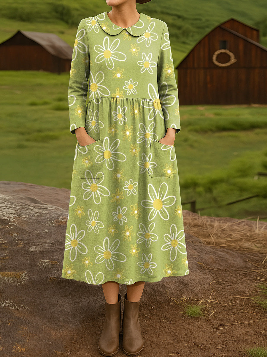 Women's Cute Floral Art Print Cotton Lapel Button-Down Shirt Dress