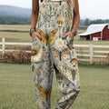 Women's Lovely Floral Butterfly Art Print Casual 100% Cotton Wide Leg Jumpsuit