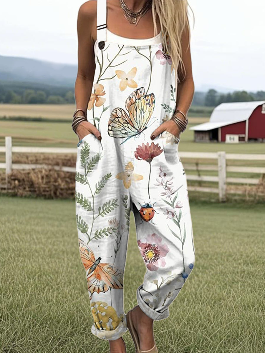 Women's Vintage Butterfly Flower Print Casual 100% Cotton Wide Leg Jumpsuit