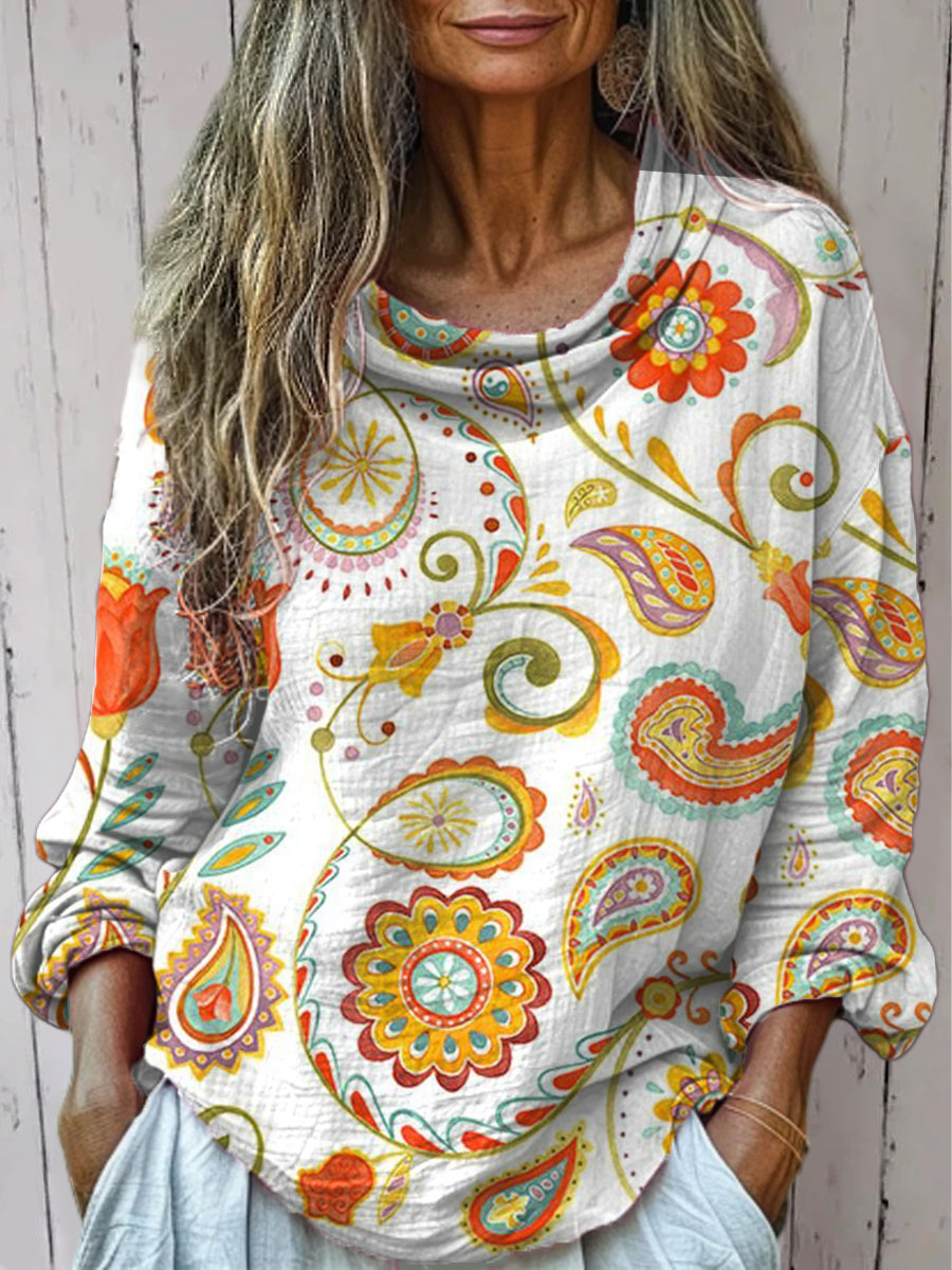 Women's  Vintage Cashew Flower Art Print Casual Long Sleeve Comfortable Cotton Shirt