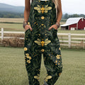 Women's Vintage Bee Floral Art Print Casual 100% Cotton Wide Leg Jumpsuit