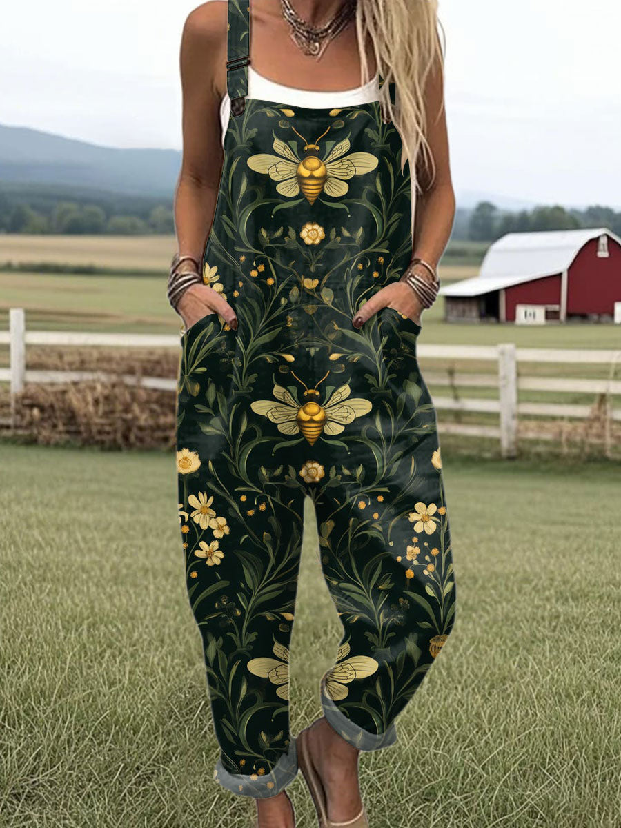 Women's Vintage Bee Floral Art Print Casual 100% Cotton Wide Leg Jumpsuit