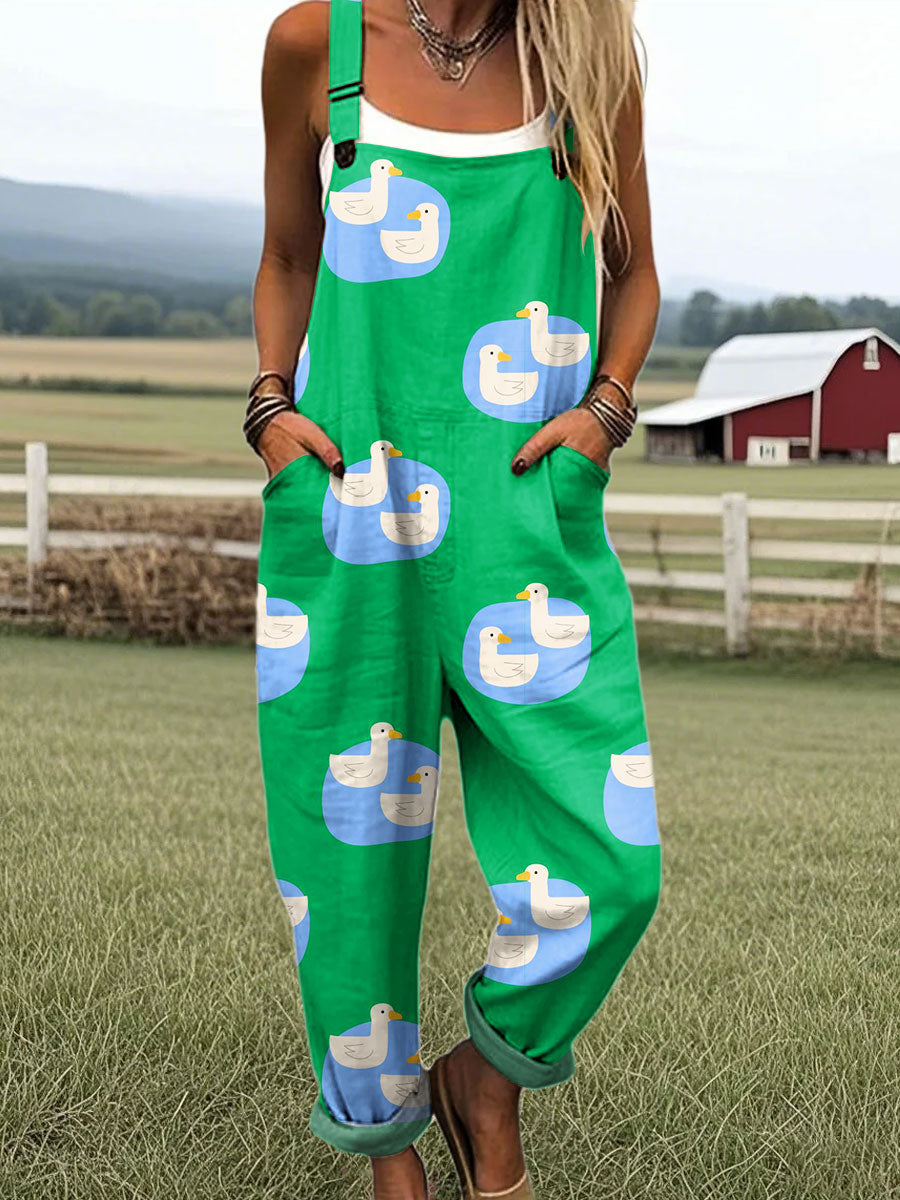 Women's Cute Duck Art Print Casual 100% Cotton Wide Leg Jumpsuit