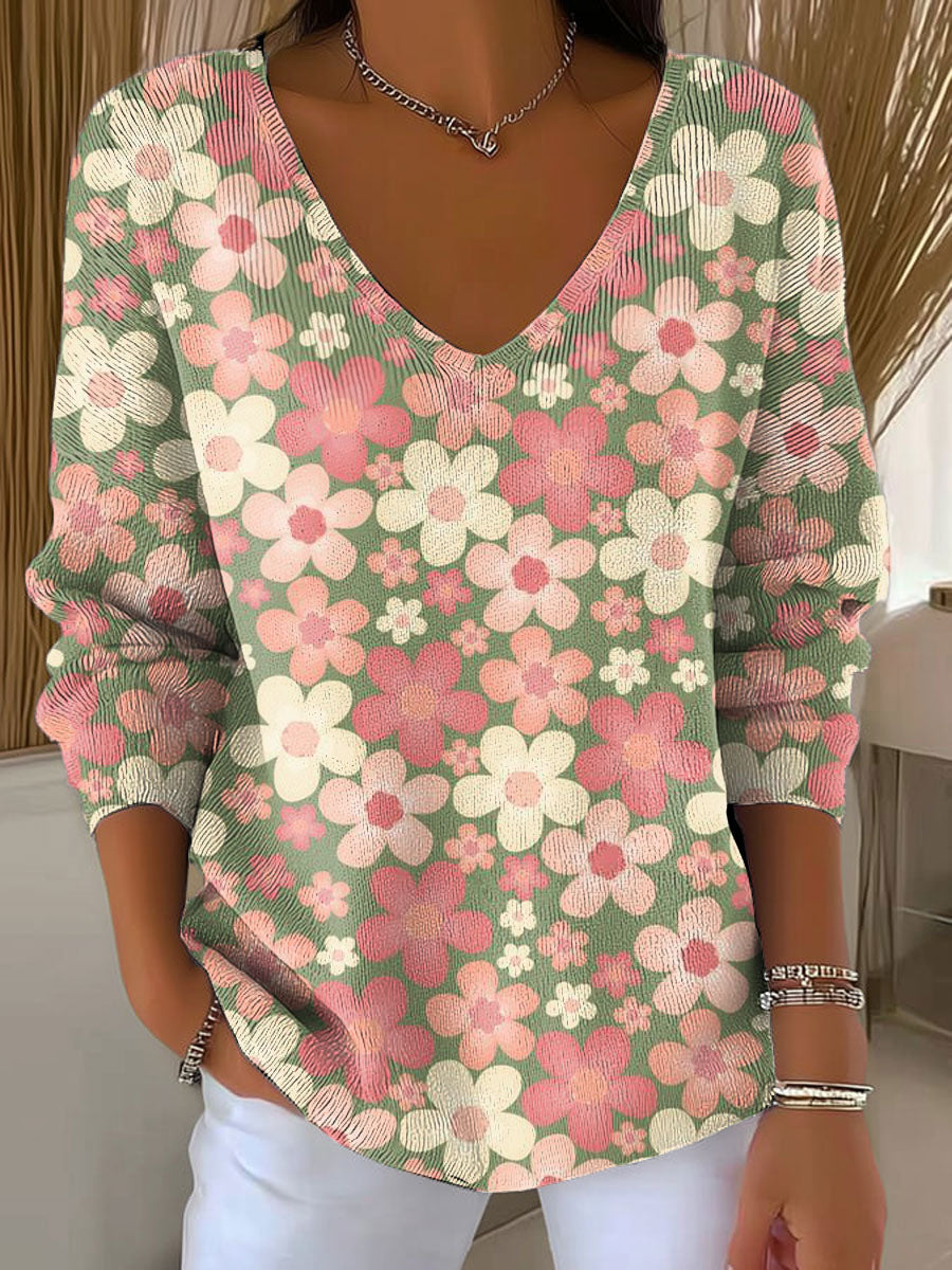 Women's Simple Floral Multicolor Abstract Casual Print Pullover Sweater