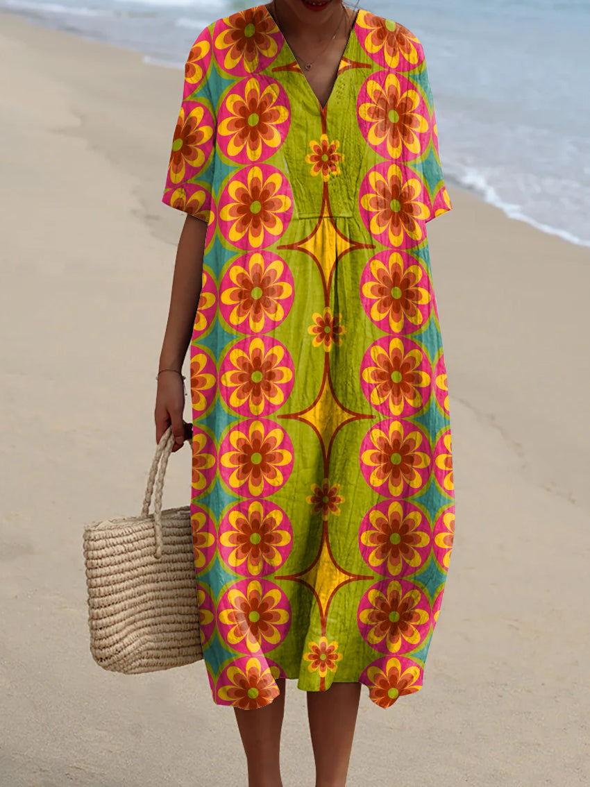 Women's Flower Circle Four-Pointed Star Print Watercolor Splash Fluid Art Print Flowy Dress