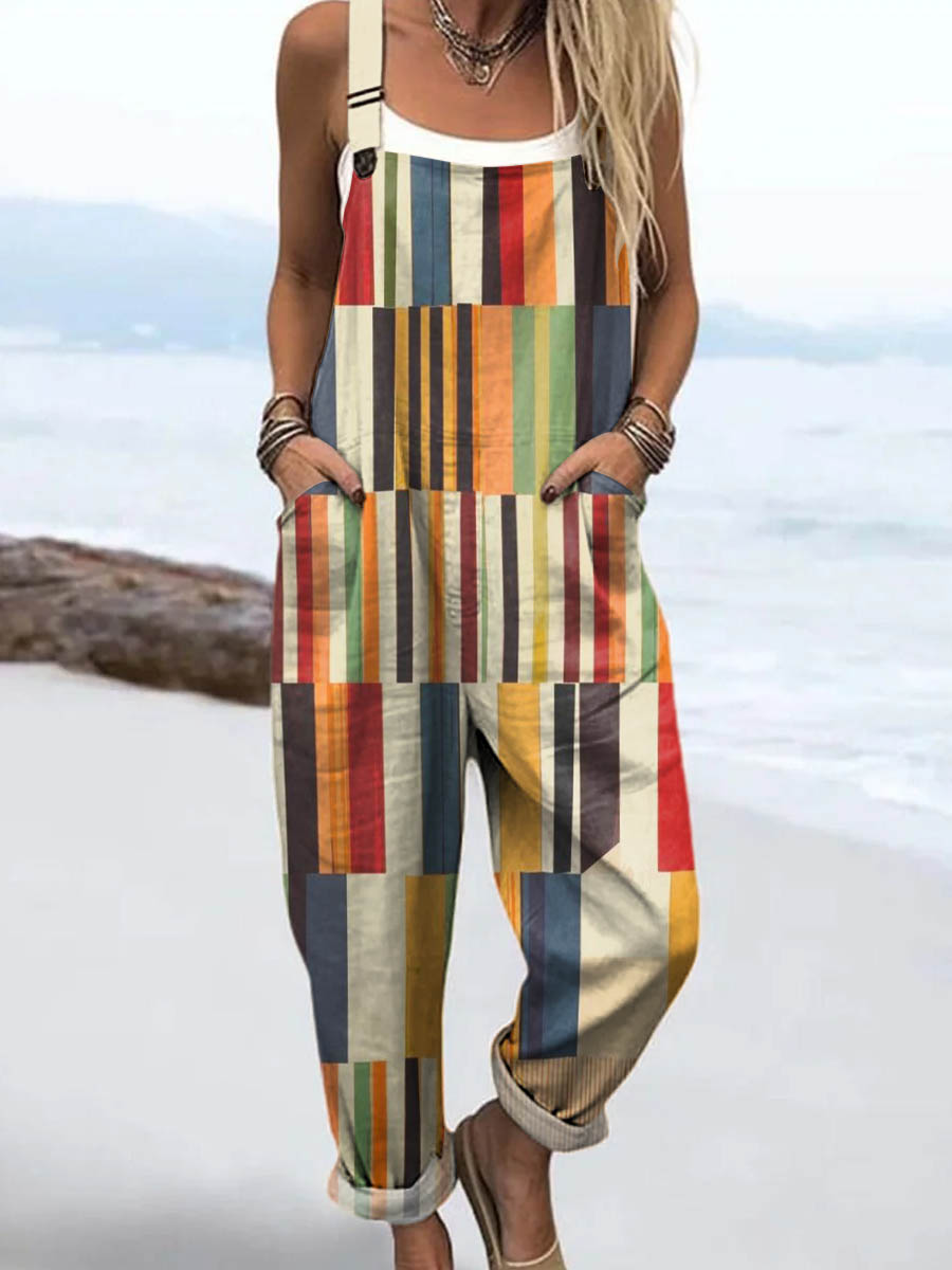 Women's Abstract Geometric Pattern Art Print Casual 100% Cotton Wide Leg Jumpsuit