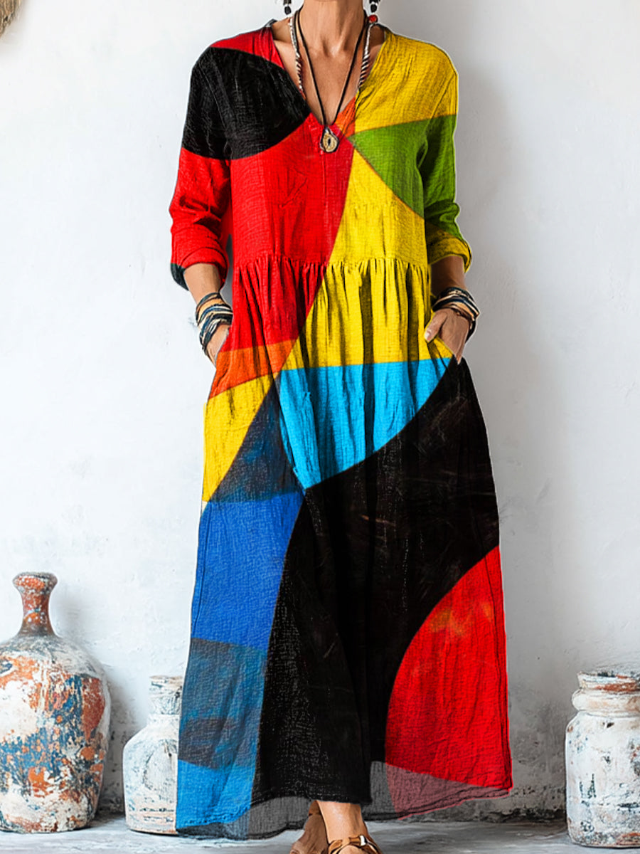Women's Beautiful Abstract Colorful Geometric Color Block Painting Art Print Linen Pocket Tunic Dress