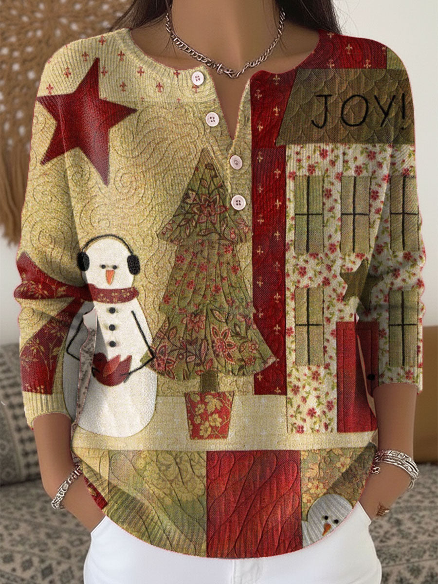 Women's Christmas Snowman Pattern Art Print Buttoned Cardigan Sweater