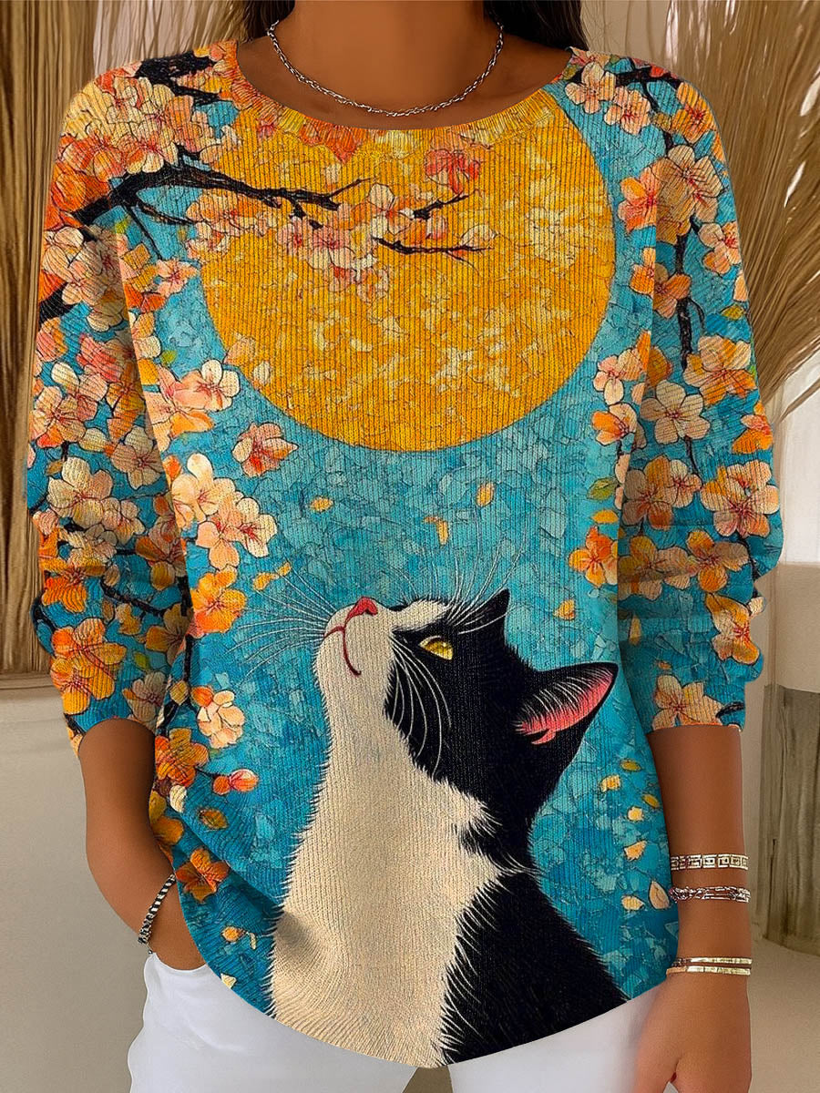 womens-vintage-floral-cat-art-print-casual-pullover-sweater