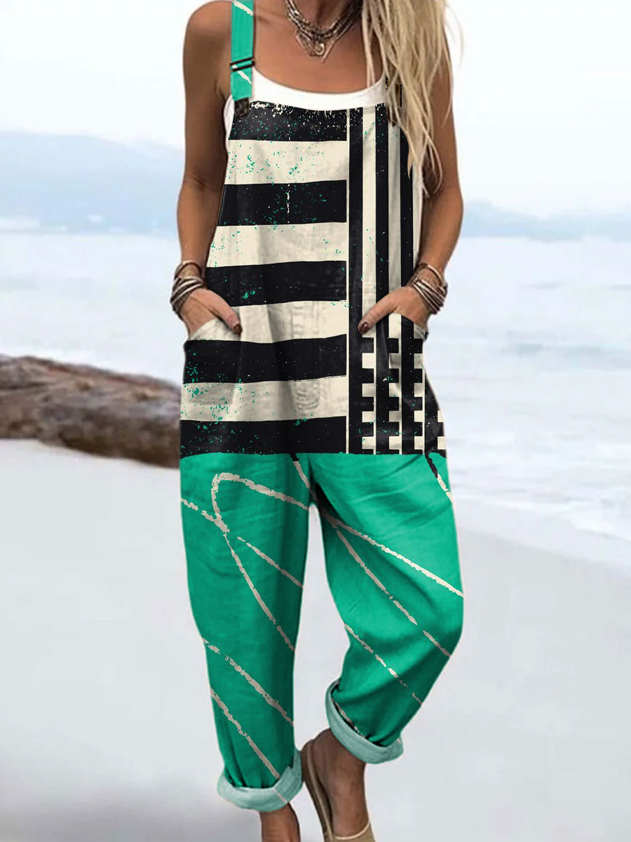 Women's Colorful Abstract Stripes Geometric Art Print Casual 100% Cotton Wide Leg Jumpsuit