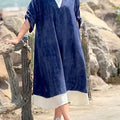 Women's Solid Color V-Neck 3/4 Sleeve Casual Loose Contrast Color Stitching Fake Two-Piece Cotton and Linen Dress