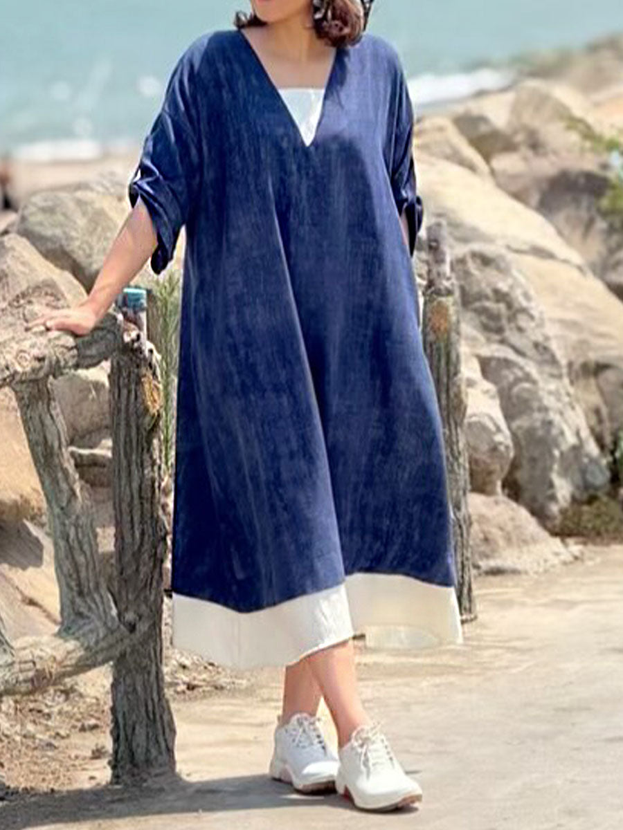 Women's Solid Color V-Neck 3/4 Sleeve Casual Loose Contrast Color Stitching Fake Two-Piece Cotton and Linen Dress