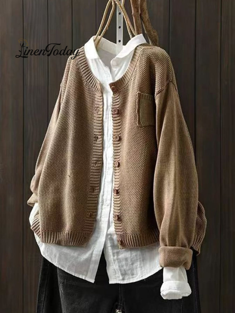 Women's Retro Art Loose Casual Button Front Sweater