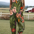 Women's Lovely Floral Art Print Casual 100% Cotton Wide Leg Jumpsuit
