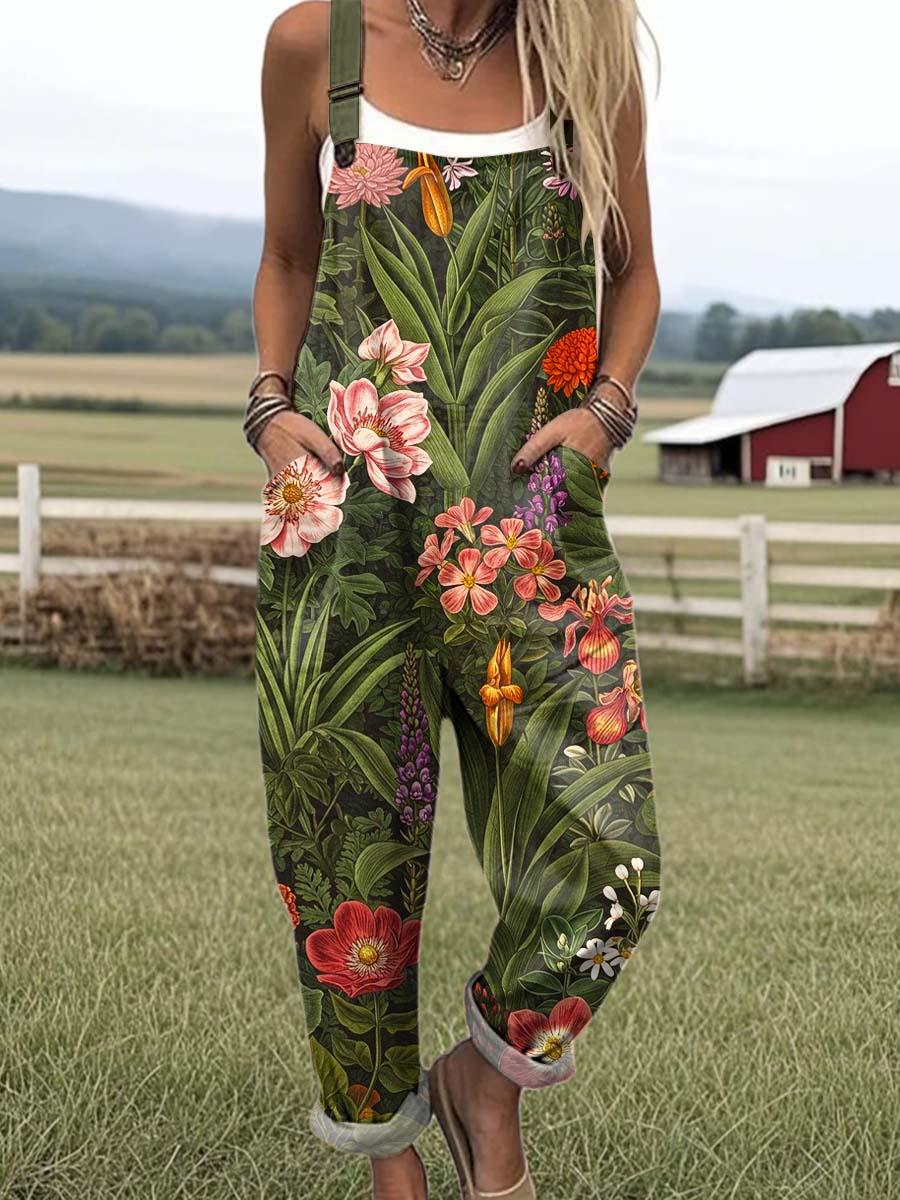 Women's Lovely Floral Art Print Casual 100% Cotton Wide Leg Jumpsuit
