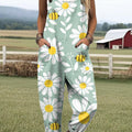 Women's Artistic Daisy Cute Bee Print Casual 100% Cotton Wide Leg Jumpsuit