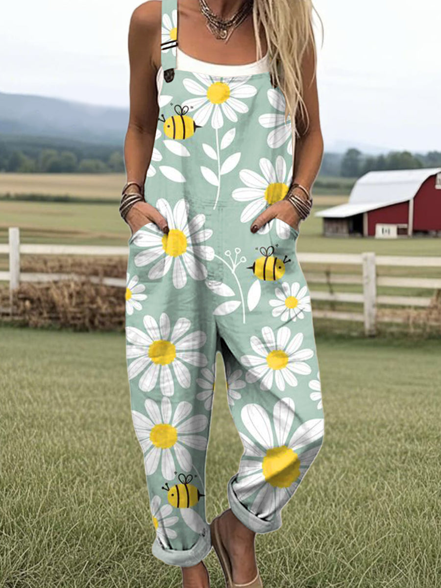 Women's Artistic Daisy Cute Bee Print Casual 100% Cotton Wide Leg Jumpsuit
