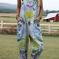 Women's Lovely Floral Bees Art Print Casual 100% Cotton Wide Leg Jumpsuit