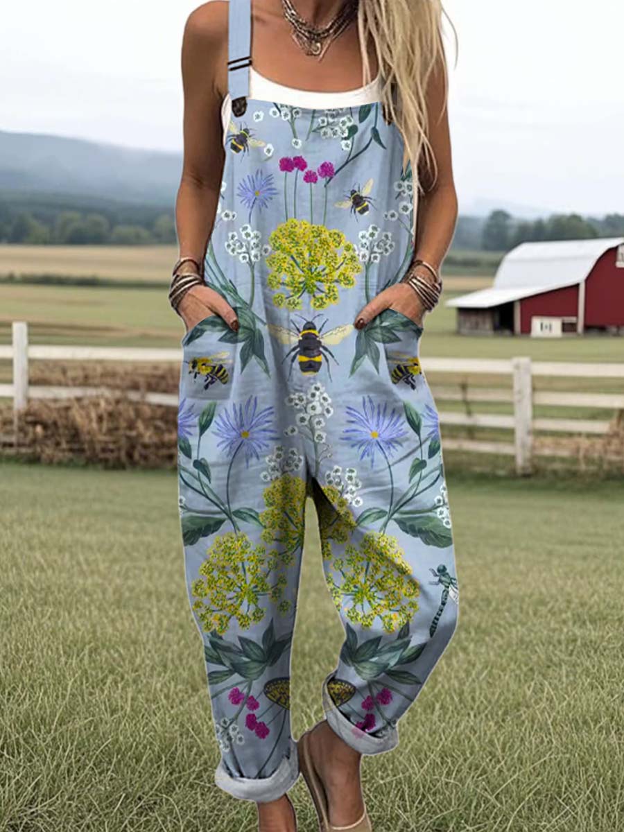 Women's Lovely Floral Bees Art Print Casual 100% Cotton Wide Leg Jumpsuit