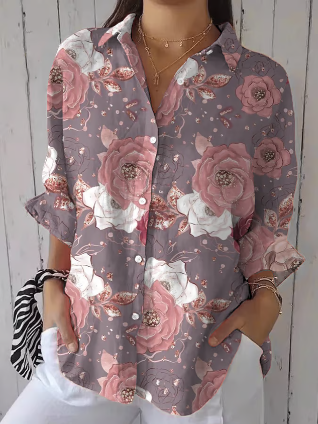 Shirt Collar Three Quarter Sleeve Floral Printing Regular Loose Button Up Shirt Shirt For Women