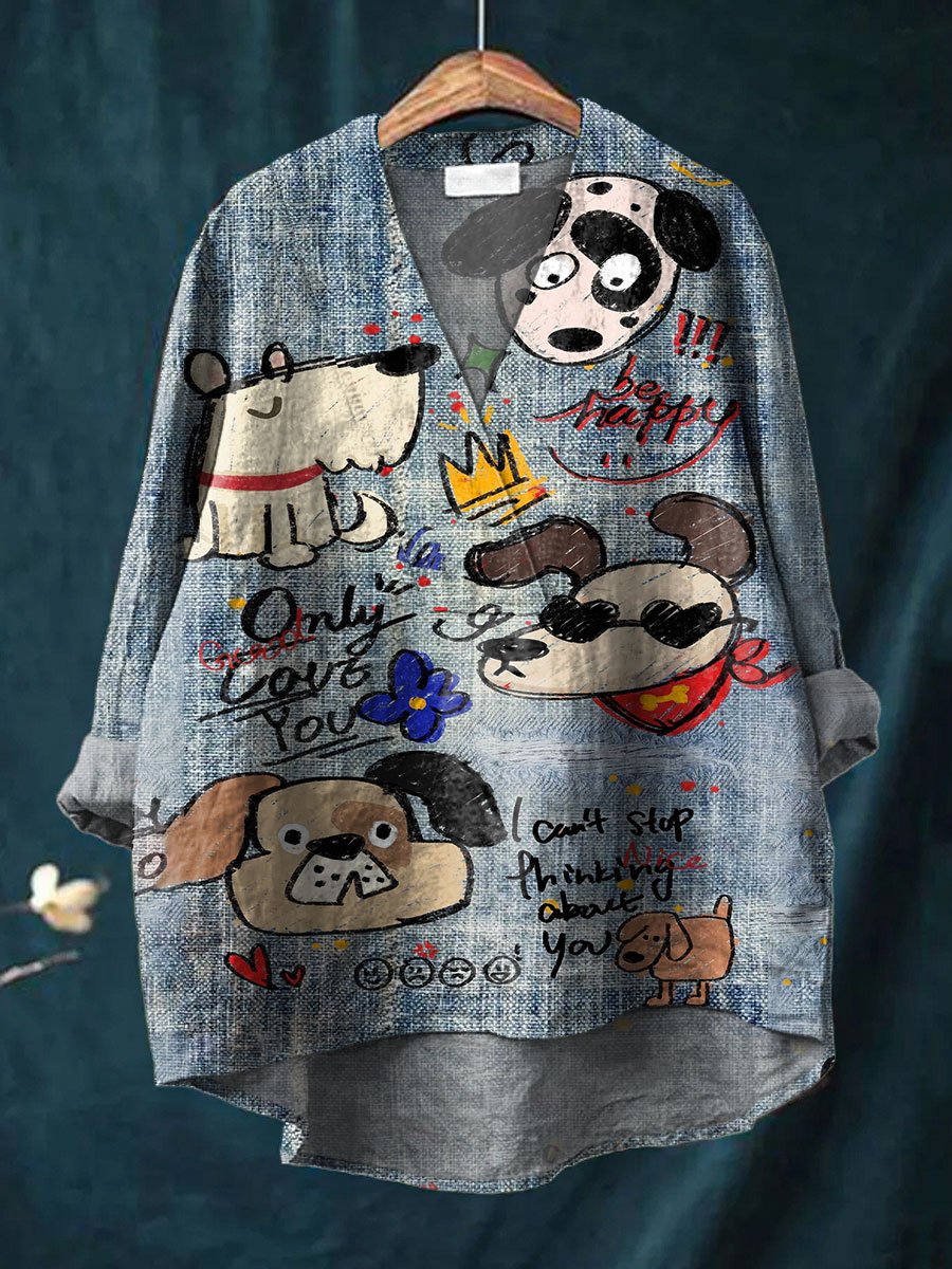 Cute Dog Inspire Art Printed Women's Casual Cotton And Linen V-neck Shirt