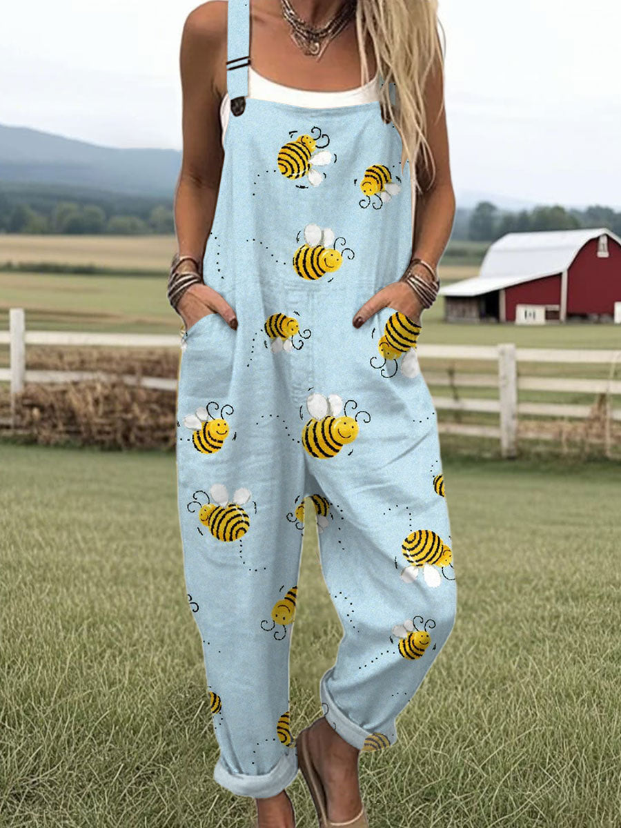 Women's  Funny Farm Bee Art Print Casual 100% Cotton Wide Leg Jumpsuit