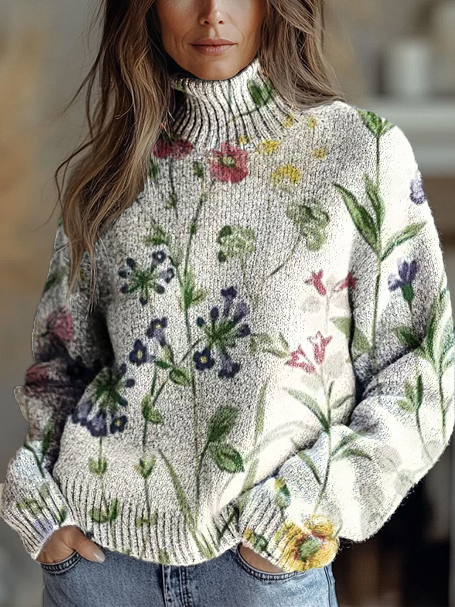 watercolor-art-flowers-print-knit-turtleneck-pullover-sweater