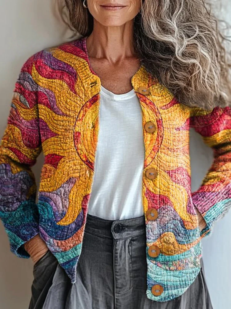 Colorful Warm Sunshine Print Buttoned Cardigan Sweater