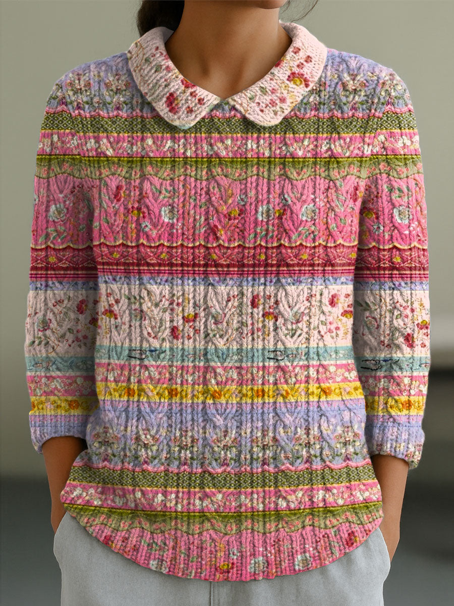 womens-vintage-floral-art-print-casual-peter-pan-collar-3-4-sleeve-sweater-oawh