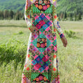 Women's Beautiful Colorful Ethnic Geometric Floral Art Print Long-sleeved V-neck Dress