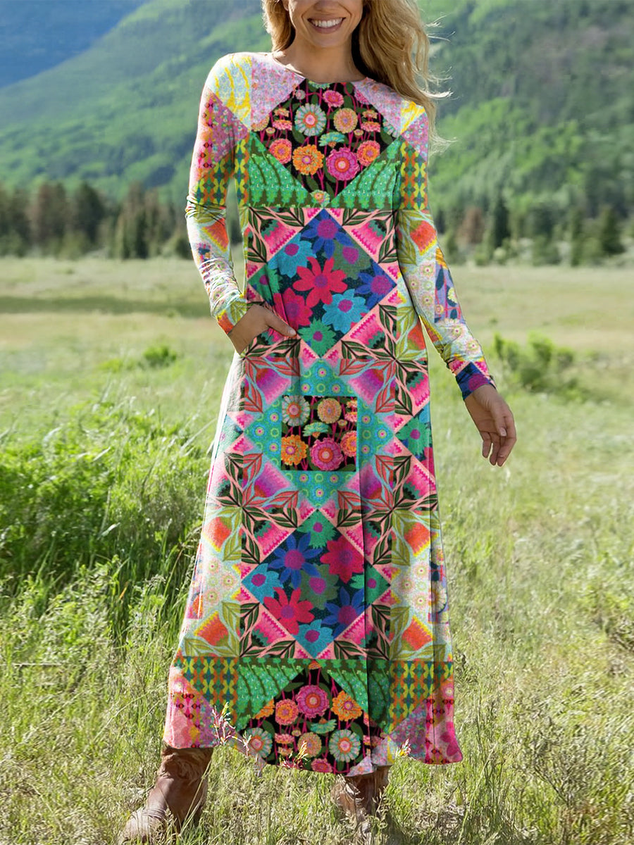 Women's Beautiful Colorful Ethnic Geometric Floral Art Print Long-sleeved V-neck Dress