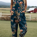 Women's  Vintage Flower Art Print Casual 100% Cotton Wide Leg Jumpsuit