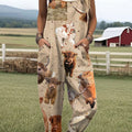 Women's Farm Highland Cattle Art Print Casual 100% Cotton Wide Leg Jumpsuit