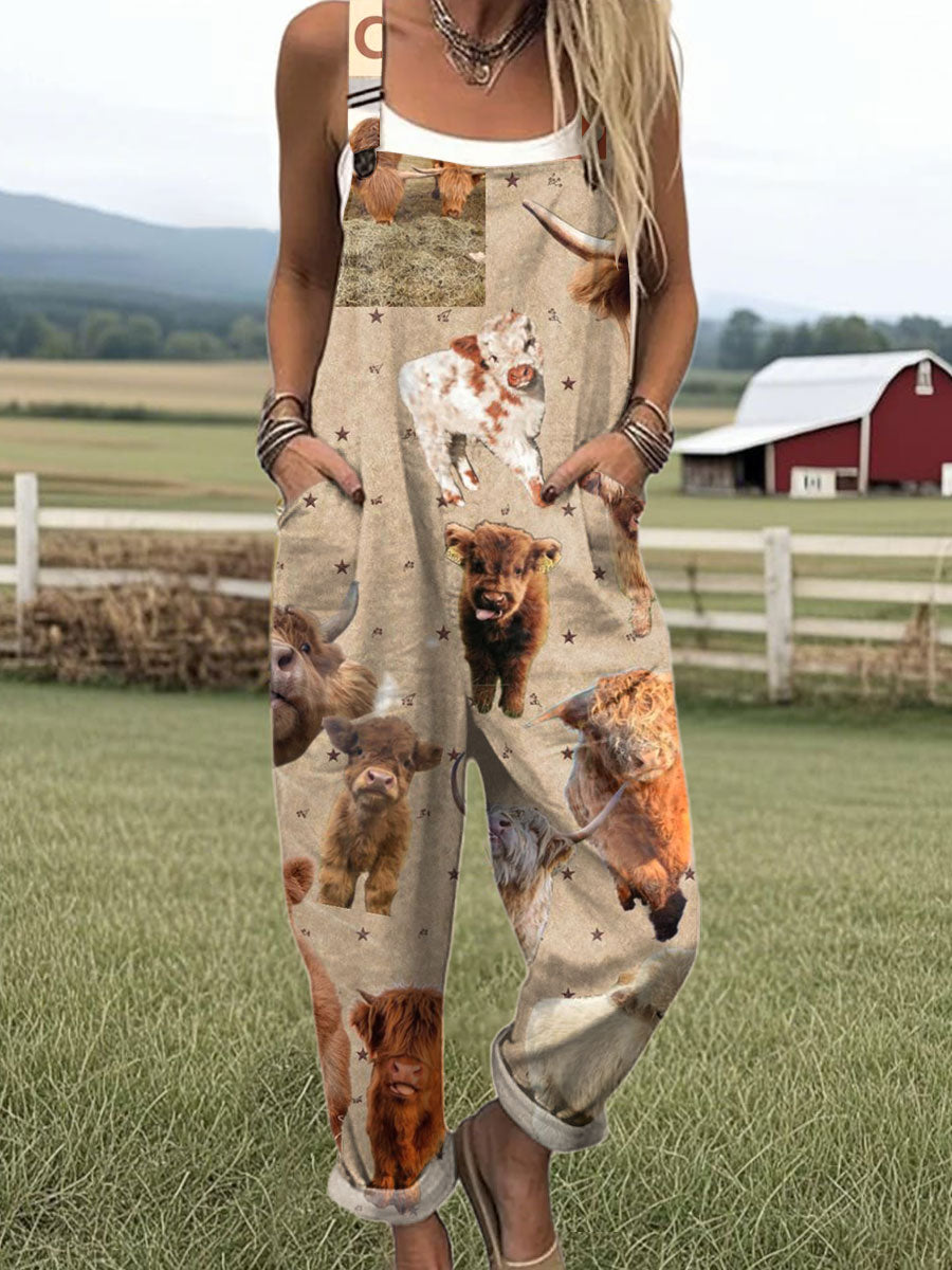 Women's Farm Highland Cattle Art Print Casual 100% Cotton Wide Leg Jumpsuit