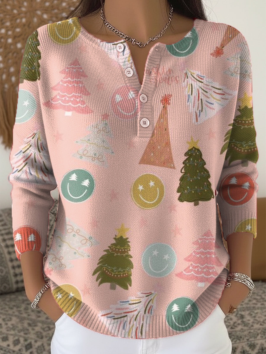 Beautiful Cute Christmas Tree Smiley Face Painting Art Print Buttoned Cardigan Sweater