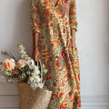 Robe décontractée en coton et lin à imprimé floral vintage pour femme, avec poches. 