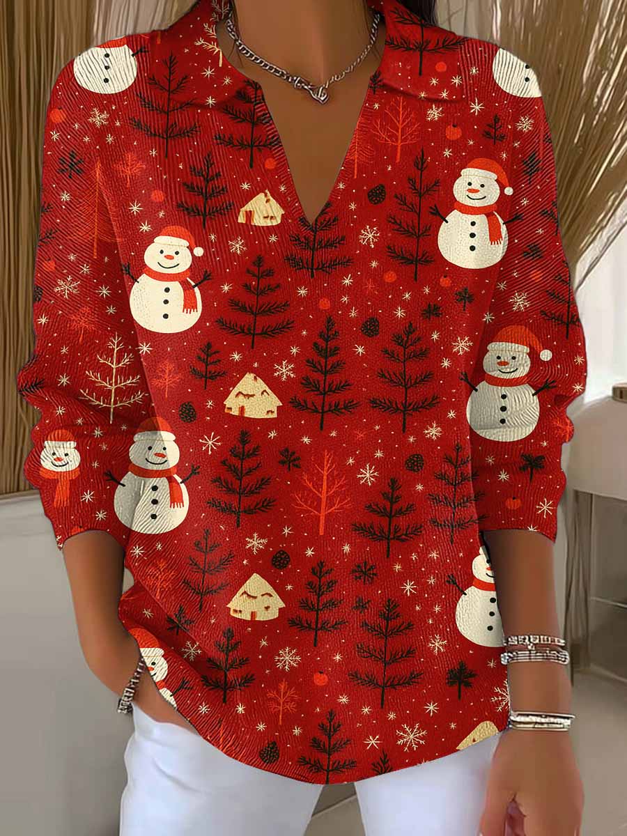 Women's Christmas Print Lapel Long Sleeve Casual Loose Pullover Sweater