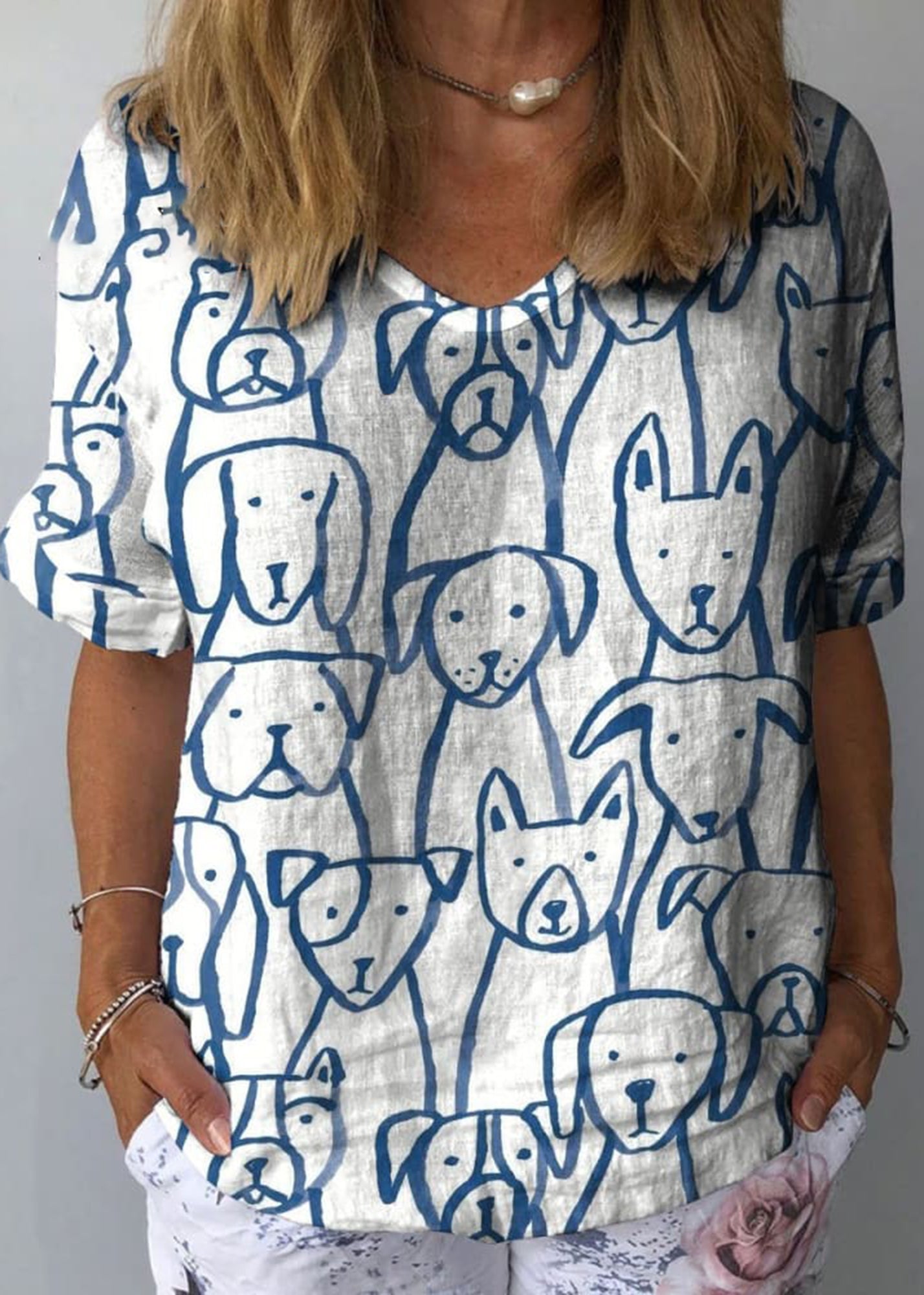 Women's Dog Art Print Casual Cotton And Linen Shirt
